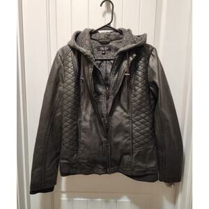 Mo-Ka Meriam Knit Hood Faux Leather Jacket Russian Dark Gray Heavy Weight Size M